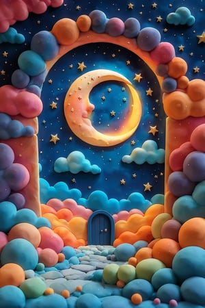 A whimsical nighttime scene dominated by a large, smiling moon with a crescent shape. Surrounding the moon are colorful, bubbly clouds in shades of blue, pink, and orange. The sky is dotted with tiny stars and a crescent moon. At the bottom, there's a blue archway with a small door, and the ground is covered in a sea of multicolored, rounded shapes, possibly representing clouds or pebbles.