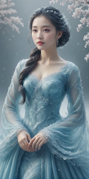 (winter theme):1.67, award-winning portrait, hyperrealistic:1.5, the most remarkable elegant princess in the world, light-blue exquisite hanfu made of water, black embroidery, long and wide sleeves, (pronounced facial features):1.2, face radiating lust, (symmetric v-shaped face):1.3, (bright eyes):1.4, glamorous face, long hair, watce, (rose petals):1.5, Chinese girl