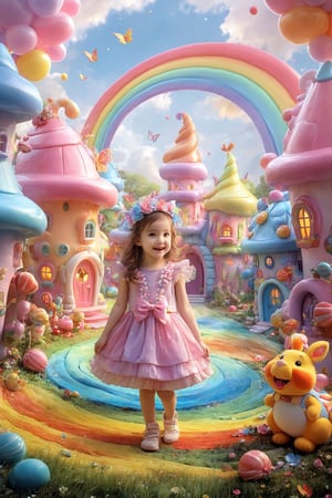 colorful and cute theme, a little girl, cute, innocent, rosy cheeks, floral dress, (sparkling headdress: 1.2), wand, (talking animal companion: 1.3), magical forest, colorful butterflies, magical creatures, (friendly dragon: 1.1), castle, rainbow, (floating fairy: 1.1), (huge lollipop: 0.9), (candy house: 1.2), (wishing well: 1.1), sparks, Happiness, Adventure (Storybook: 1.1), Fantasy, Fantasy, and Fantastic (Ray Tracing, HDR, Illusory Rendering, Reasonable Design, High Detail, Masterpiece, Best Quality, Ultra high Definition),kid_backdrop