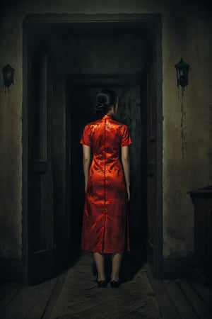  indoors, 1girl, red cheongsam, Digital Illustration, Horror Art Style, Portraying the eerie and chilling atmosphere of a haunted house, Mysterious and bone-chilling ambiance, High Resolution, (haunted house:1.2), (horror art style:1.15), (eerie atmosphere:1.18), (chilling ambiance:1.12), (spooky:1.16), (supernatural presence:1.2), (mysterious composition:1.18), (high resolution:1.15), (captivating details:1.12), (haunting vibes:1.16), (sinister elements:1.18)