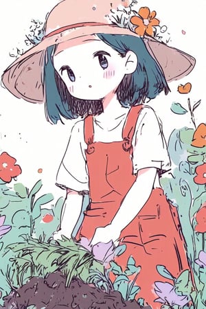 1girl, anime, gardening in a lush backyard, wearing a sunhat, planting flowers, surrounded by blooming plants, dirt on hands, sunny day, detailed foliage, soft sunlight, happy expression, vibrant colors, peaceful atmosphere, masterpiece
