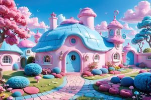 A whimsical, pastel-colored landscape dominated by a large, curved house with a blue roof and pink walls. The house has a round window and a blue door. Surrounding the house are various trees, bushes, and mushrooms in shades of pink, white, and brown. A cobblestone path leads up to the house's entrance. The sky is painted in soft hues of blue and pink, with fluffy clouds floating around. The overall ambiance of the image is dreamy and fantastical.