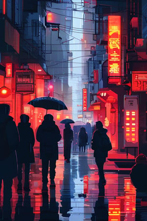 A flat 2D scene of a rainy urban alleyway, with reflections on wet pavement, neon signs glowing through the mist, and people huddled under umbrellas.