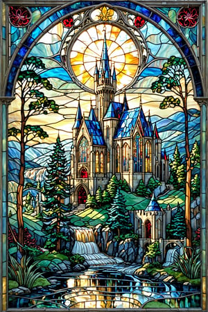 A stunning stained glass artwork of a majestic castle or cathedral situated amidst a serene landscape. The castle features intricate designs, with gothic arches, colorful stained glass windows, and ornate detailing. The surrounding environment is lush, with tall trees, flowing waterfalls, and a calm river. The colors used in the artwork are vibrant, with shades of blue, green, red, and gold dominating the scene. The castle's architecture is complemented by the natural beauty of the landscape, creating a harmonious and enchanting scene.