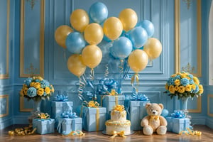 An elegantly decorated room with pastel blue walls. Dominating the center is a cluster of pastel blue and beige balloons held together by a string. Below the balloons, there are several gift boxes, each adorned with a blue ribbon and a yellow bow. On the floor, there's a beautifully crafted cake with a figurine on top, placed next to a vase filled with blue and yellow flowers. To the right, a plush teddy bear sits comfortably, and on the left, a tall vase with yellow flowers stands against the wall. The room is illuminated by natural light coming from a large window.