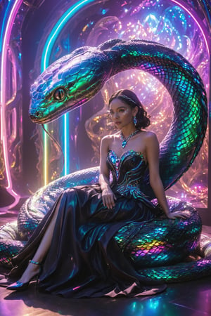 A woman adorned in a midnight black gown, seated in a futuristic room with holographic displays. She is accompanied by a large, iridescent, serpentine creature with intricate scales and jewel-like adornments. The room is illuminated by neon lights, casting a vibrant glow, and there are metallic walls in the background. The woman's expression is calm and contemplative, and the creature seems to be gently resting against her.