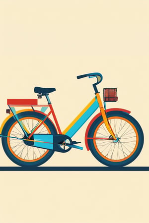 A flat design illustration of a classic bicycle, with vibrant and contrasting colors. The style is clean and modern, featuring simple geometric forms, limited shading, and a balanced composition. The colors are bold and dynamic, giving a fresh and retro-futuristic look.