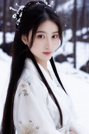 A 23-year-old Taiwanese beauty with long hair, perfect body proportions, naturally large breasts, natural makeup, and a noble and elegant temperament. She is wearing a gorgeous white Hanfu is watching the snow scene. solo, model pose.