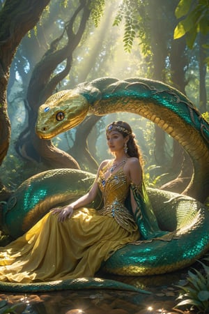 A woman adorned in a golden yellow gown, seated in a lush forest clearing with tall, ancient trees. She is accompanied by a large, bronze, serpentine creature with intricate scales and jewel-like adornments. The clearing is illuminated by sunlight filtering through the leaves, and there are flowers in the background. The woman's expression is calm and contemplative, and the creature seems to be gently resting against her.