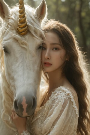 A close-up of a young woman and a white unicorn. The woman has long, wavy hair and is wearing a delicate lace dress. She is positioned closely to the unicorn, with her face almost touching its forehead. The unicorn has a golden horn and its mane is flowing, with some strands covering the woman's face. The background is blurred, emphasizing the subjects, and appears to be an outdoor setting with trees.