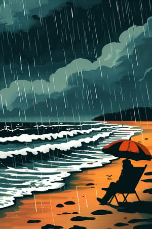 Flat 2D illustration of a rainy day at the beach, with stormy waves, empty beach chairs, and a lone person walking along the shore with an umbrella.