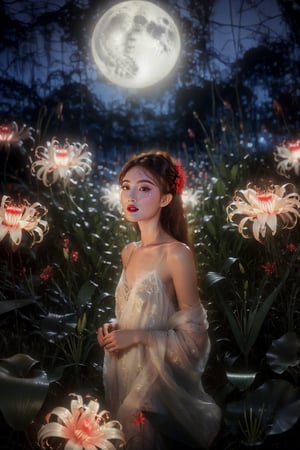 1girl, full body, high detailed, ultra realistic,  Bathed in ethereal moonlight, a figure stands amidst a field of spider lilies, their crimson whispers echoing the sorrow in their eyes. Butterflies, fragile yet determined, flutter around them, drawn to the moonlit beauty and silent lament. (Focus on melancholic ambiance, contrasting colors), Movie Still