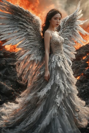 A woman with large, intricately designed wings standing amidst a fiery backdrop. She wears a flowing, silver-gray gown adorned with sparkling embellishments. The gown cascades around her in layers, giving it a ethereal appearance. Her hair is long and dark, and she has a serene expression on her face. The wings are predominantly white with hints of gray, and they appear to be made of feathers. The fiery background suggests a scene of destruction or a cataclysmic event, contrasting with the woman's calm demeanor.