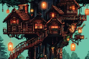 Pixel art of a whimsical treehouse city, where each house is built into a massive tree with wooden bridges connecting them. Birds fly between the branches, and lanterns hang from the leaves.