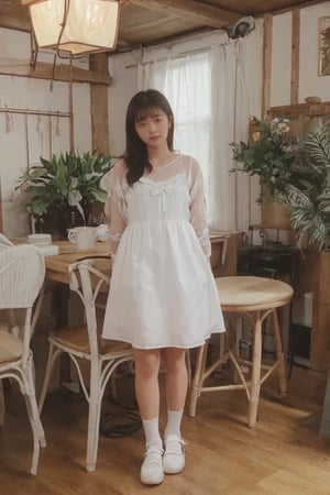 1girl, solo, black hair, dress, standing, flower, shoes, indoors, white dress, chair, table, plant, wooden floor, potted plant, lamp