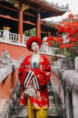 1girl, solo, short hair, black hair, long sleeves, hat, standing, full body, floral print, architecture, east asian architecture, nhat_binh, 