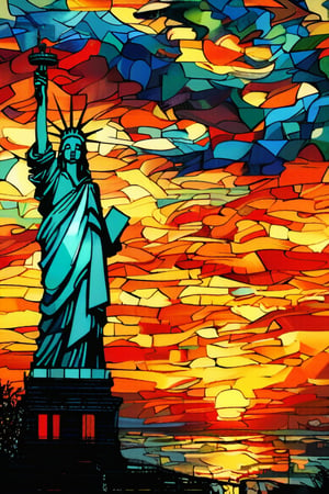 A peaceful landscape of the Statue of Liberty against a vibrant sunset, with the statue’s green patina glowing softly in the fading light, in the style of Vincent van Gogh, using a vibrant color palette of rich greens, warm oranges, and deep blues with swirling, textured brushstrokes. Artists: Vincent van Gogh, Edward Hopper, Georgia O'Keeffe.