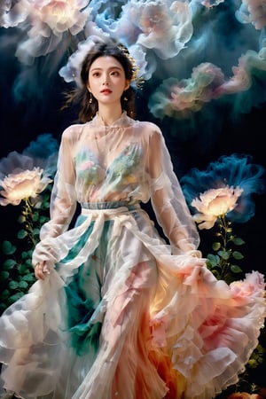 Inspired by photography from Vogue magazine, On a cloudy day, a woman is wearing a romantic transparent gauze, like clouds, a colorful long skirt, the woman's face is looming, the atmosphere is like smoke and a dream, it is indescribably beautiful.