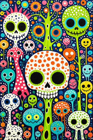 A vibrant and whimsical artwork featuring a variety of abstract and stylized creatures. Dominating the center is a large green skull with a wide grin, surrounded by other peculiar beings. These include a blue creature with a pattern resembling a tree trunk, a white creature with a smiling face and tentacle-like appendages, and a few others. The background is filled with a plethora of polka dots in various colors, creating a dizzying effect. The entire composition exudes a playful and surreal vibe.