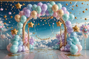 A dreamy setting with pastel-colored balloons forming an archway. Golden stars are scattered throughout the sky, with some hanging from wires. The backdrop features a serene sky with clouds, and the floor is adorned with golden confetti. Two golden star-shaped wands stand on either side of the archway.