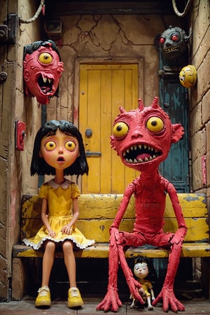 Two animated characters inside a dimly lit room. On the left, there's a young girl with black hair, wearing a pink dress and white shoes, sitting on a yellow bench. On the right, there's a red, humanoid creature with wide eyes, sharp teeth, and a long tongue, sitting on the same bench. The room has a rustic appearance with worn-out walls, a door, and some hanging objects.