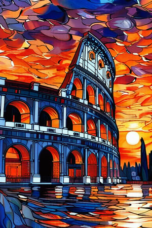 A peaceful scene of the Colosseum in Rome under a twilight sky, with the ancient arches illuminated by the setting sun, in the style of Vincent van Gogh, using a vibrant color palette of warm oranges, deep purples, and rich blues with swirling, textured brushstrokes. Artists: Vincent van Gogh, Michelangelo, Raphael.