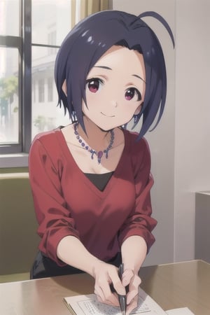 (((pixel-perfect, detail-perfect))), solo, 1girl, azusa miura, red shirt, collarbone, necklace, looking at viewer, smile,azusa miura