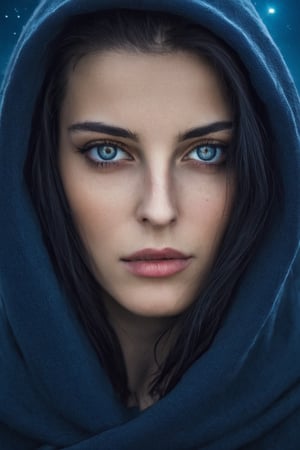 create a hyper realistic image of  Beautiful woman star gazing . beautiful blue eyes , long raven black hair, freckless , wearing hodie, up close, sharp focus, high detailed, ultr detailed.