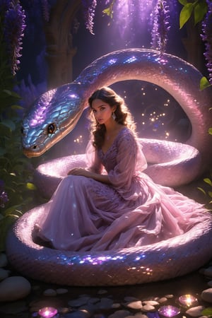 A woman adorned in a soft pink gown, seated in a fairytale garden with blooming flowers and a cobblestone path. She is accompanied by a large, lavender, serpentine creature with intricate scales and jewel-like adornments. The garden is illuminated by fairy lights, casting a magical glow, and there are arbors in the background. The woman's expression is calm and contemplative, and the creature seems to be gently resting against her.