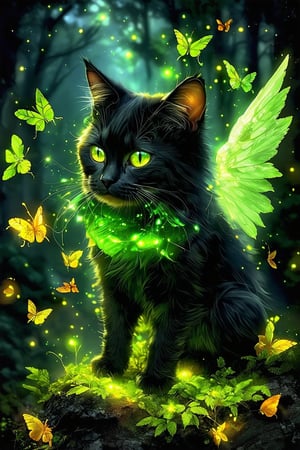 A mystical, dark-furred cat with luminescent green eyes. It is surrounded by a luminous green aura, with glowing green tendrils and leaves emanating from its body. The cat is perched on a rock amidst a forest setting, with small glowing orbs scattered around. Butterflies with luminescent wings flutter around the cat, and there are intricate details of leaves and other foliage in the background. The overall ambiance of the image is magical and enchanting.