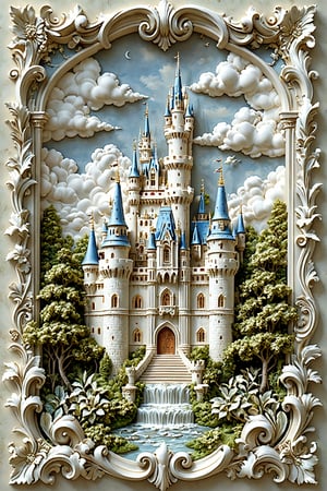 A meticulously crafted 3D artwork of a majestic castle surrounded by intricate details. The castle is central and is adorned with multiple spires, turrets, and ornate architectural features. The background is framed by elaborate cloud formations, and the entire scene is enveloped in a serene ambiance. The castle is surrounded by lush greenery, including trees and bushes, and there's a pathway leading to its entrance. The entire artwork exudes a sense of fantasy and fairy tale.