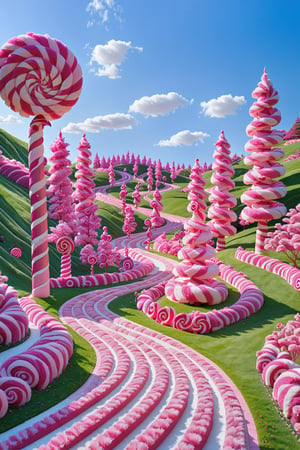 A whimsical landscape dominated by pink and white candy-themed elements. A winding pathway made of candy stripes leads the viewer's eye through rolling hills covered in pink fluffy trees. These trees have a unique structure, resembling both trees and candy. In the background, there's a massive pink flower with a spiral center, and the entire scene is set against a backdrop of a clear blue sky with fluffy white clouds.