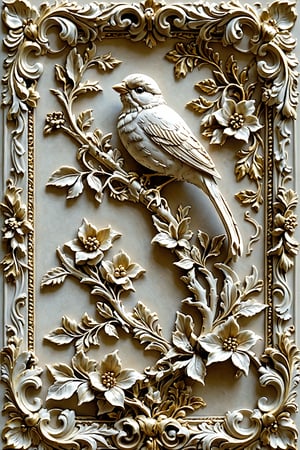 An intricately designed artwork, predominantly in shades of beige and gold. At its center, there's a meticulously crafted bird, possibly a sparrow, perched on a branch. Surrounding the bird are ornate floral patterns, including flowers and leaves, rendered in a high-relief style. The entire composition is enclosed within a decorative frame, adding to the overall opulence of the piece.
