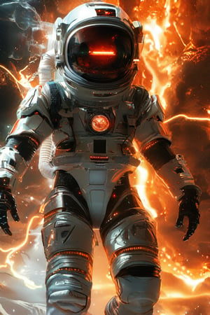 Made of, glowing plasma streams, space adventurer, with visible robotic enhancements, in high-tech space suit, Intricate details, 8k, cinematic, subsurface scattering,noc-space