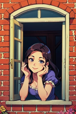 1girl, beautiful, girl wear cosplay costume,  girl for viewing from outside window, flowers in the window, brick wall, look at sunset, cute face, hands on chin pose, upper body, beautiful nature, smile face, romance_mood, Nelly,from outside window,Nelly,barbaradef,Detailedface