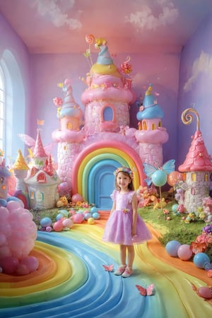 colorful and cute theme, a little girl, cute, innocent, rosy cheeks, floral dress, (sparkling headdress: 1.2), wand, (talking animal companion: 1.3), magical forest, colorful butterflies, magical creatures, (friendly dragon: 1.1), castle, rainbow, (floating fairy: 1.1), (huge lollipop: 0.9), (candy house: 1.2), (wishing well: 1.1), sparks, Happiness, Adventure (Storybook: 1.1), Fantasy, Fantasy, and Fantastic (Ray Tracing, HDR, Illusory Rendering, Reasonable Design, High Detail, Masterpiece, Best Quality, Ultra high Definition),kid_backdrop