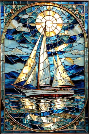 A stunning stained glass artwork. At its center, there's a sailboat with intricately designed sails, set against a deep blue backdrop. Above the boat, there's a circular window or portal, emanating a radiant light. The sky is filled with swirling patterns of blue and white, resembling waves or clouds. The boat's reflection is beautifully mirrored in the water below, creating a symmetrical effect. The overall ambiance of the artwork is serene, with the interplay of light and color evoking a sense of calm and wonder.