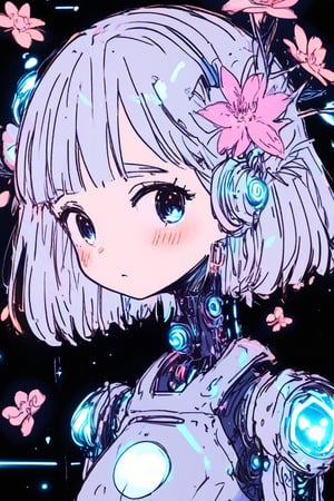 1girl, anime, futuristic, transparent glass cyborg, floral elements, neon lights