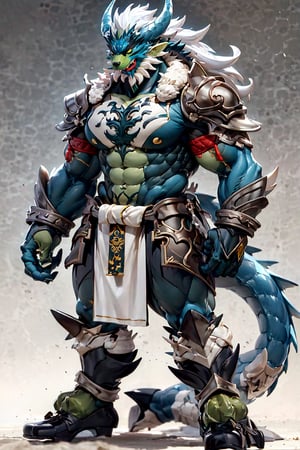 solo, long hair, looking at viewer, 1boy, standing, full body, weapon, white hair, male focus, horns, pants, sword, armor, muscular, colored skin, facial hair, scar, abs, pectorals, muscular male, shoulder armor, bara, pelvic curtain, beard, furry, pauldrons, mature male, furry male, green skin, monster boy, orc, tusks, dragon boy