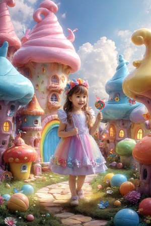 colorful and cute theme, a little girl, cute, innocent, rosy cheeks, floral dress, (sparkling headdress: 1.2), wand, (talking animal companion: 1.3), magical forest, colorful butterflies, magical creatures, (friendly dragon: 1.1), castle, rainbow, (floating fairy: 1.1), (huge lollipop: 0.9), (candy house: 1.2), (wishing well: 1.1), sparks, Happiness, Adventure (Storybook: 1.1), Fantasy, Fantasy, and Fantastic (Ray Tracing, HDR, Illusory Rendering, Reasonable Design, High Detail, Masterpiece, Best Quality, Ultra high Definition),kid_backdrop