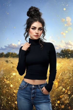 Capture the serene essence of a masterpiece with this stunning high-resolution photograph. A beautiful young woman with piercing grey eyes and dark, wavy hair styled in a messy bun. She wears a simple black turtleneck and jeans. The serene field is replaced by an artist's studio with canvases and paint splatters. Her gaze meets the viewer's, inviting contemplation amidst the creative backdrop.