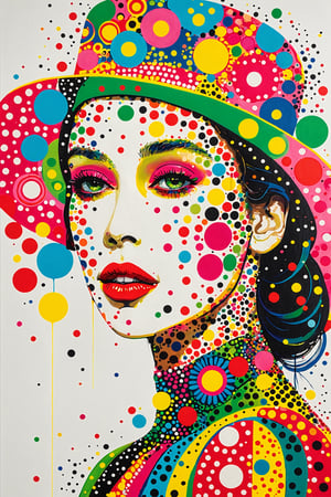 An artistic representation of a woman's face and upper torso. The woman's face is adorned with vibrant, abstract patterns in various colors, including pink, green, yellow, and blue. These patterns consist of dots, circles, and other geometric shapes. Her lips are painted a striking shade of red. The woman is wearing a hat that mirrors the colorful patterns on her face, with a mix of polka dots and other designs. The background is predominantly white, which contrasts with the bright colors of the subject, making her stand out.