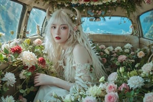 The interior of an old car, many beautiful blooming flowers, the car covered with plant vines, the interior of the car,
BRAKE
(maximalism style),(long intricate horns:1.2) ,albino demon Lilith girl with enchantingly beautiful, alabaster skin,  sitting in the car, ￥, flower car, in car,anime,underwater,emo,interior