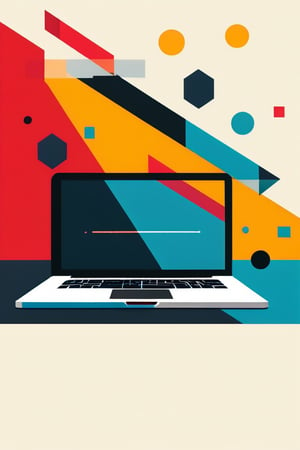 A flat design illustration of a sleek laptop, with vibrant and contrasting colors. The style is clean and modern, featuring simple geometric forms, limited shading, and a balanced composition. The colors are bold and dynamic, giving a fresh and retro-futuristic look.