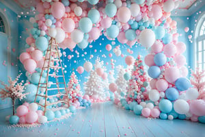 A whimsical scene dominated by pastel colors. A large white balloon is prominently displayed in the center, anchored by a string. Surrounding it are clusters of balloons in shades of pink, white, and light blue. These balloons are artistically arranged to form trees, clouds, and other fantastical elements. A wooden ladder stands to the right, leading up to the balloon. The backdrop is a sky-blue wall adorned with fluffy white clouds, and there are pink blossoming trees scattered throughout the scene. The floor is covered in a sea of white balloons, creating a dreamy ambiance.