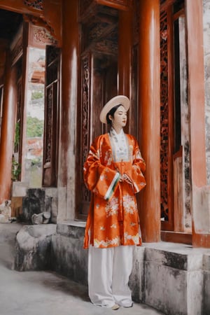 1girl, solo, short hair, black hair, long sleeves, hat, standing, full body, floral print, architecture, east asian architecture, nhat_binh, 