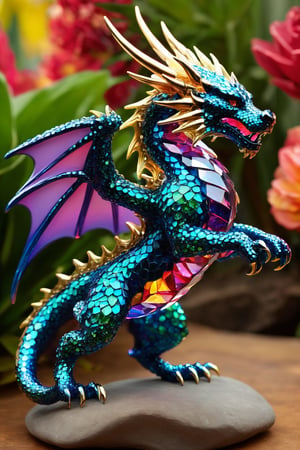 (best quality,8K,highres,masterpiece), ultra-detailed, (super colorful, dragon made of glass, rhinestone, and crystal), featuring a mesmerizing baby dragon crafted entirely from the shimmering brilliance of glass, rhinestone, and crystal. This enchanting creature is a kaleidoscope of vibrant colors, with its intricate body adorned in countless dazzling facets, refracting light in a breathtaking display. The dragon sits elegantly against a pristine white background, its tail and wings glinting with a radiant spectrum of hues. Its black eyes gleam like precious gemstones, and its smile radiates joy and wonder. This artwork is a fusion of artistry and craftsmanship, celebrating the beauty of this unique dragon creation with head wings and a body that captures the essence of both fantasy and the dazzling world of crystal.,dragon_anything