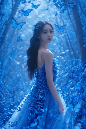 A young woman surrounded by a myriad of vibrant blue butterflies. She is adorned in a gown that mirrors the hues of the butterflies, with intricate patterns and embellishments. The backdrop is a mesmerizing blue forest, illuminated by a soft, ethereal light. The woman's gaze is distant, and her hair flows freely, suggesting a sense of freedom and wonder.