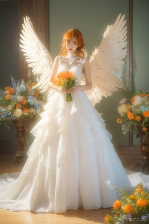 photorealistic,realistic,photography,masterpiece,best quality,ultra-detailed,1girl,full body,wings,wedding dress,looking at viewer,orange hair,flowers,dreamgirl