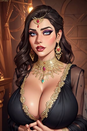 photo realistic , a tall very busty beautiful 1 white very busty full voluptuous very sexy body women wearing sexy net Black sari,perfect face,perfect eyes,HD details,high details,sharp focus,studio photo,HD makeup,shimmery makeup,celebrity makeup,((full body view)) heavy jewelry,((full huge breast)) ((large breast))((huge round breast))(( centered image)) (HD render)Studio portrait,magic, magical, fantasy,